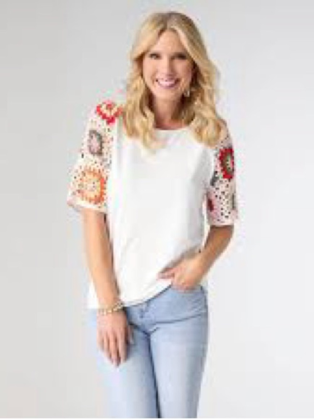 White Short-Sleeve Tee with Colorful Crochet Sleeves